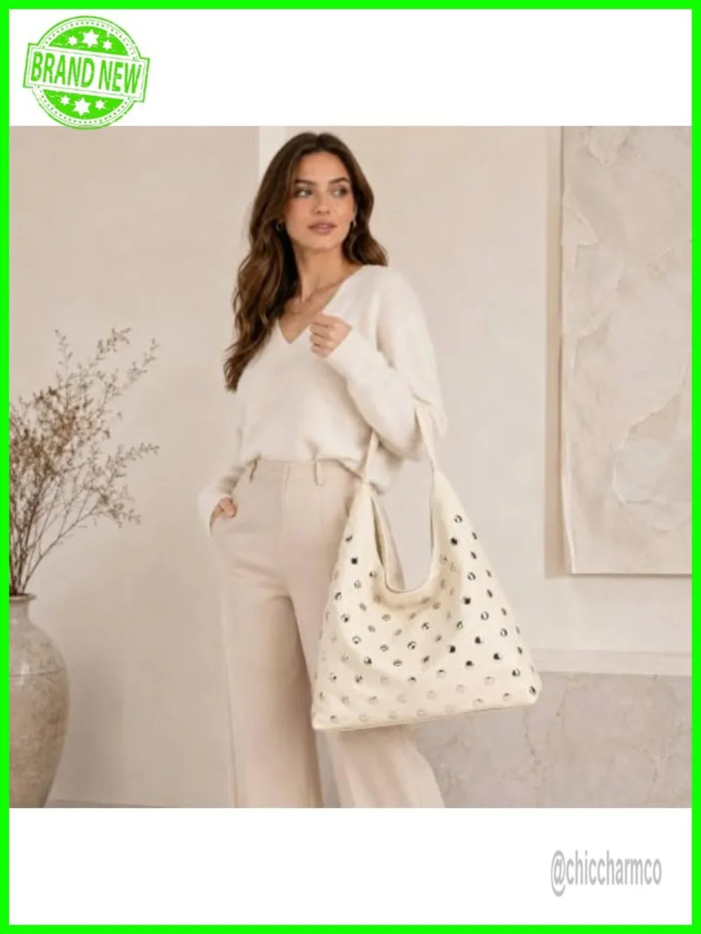 Studded Hobo Bag Vegan Leather Tote Purse Soft Slouchy Shoulder Bag